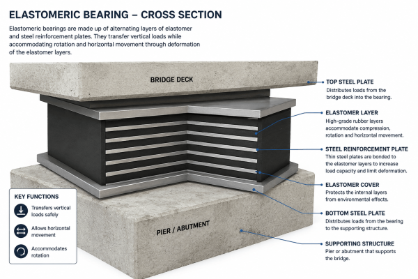 Cross-section of reinforced elastomeric bridge bearing
